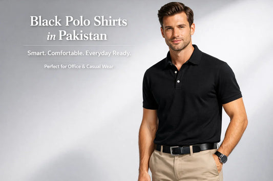 Man wearing black polo shirt styled for office and casual wear in Pakistan